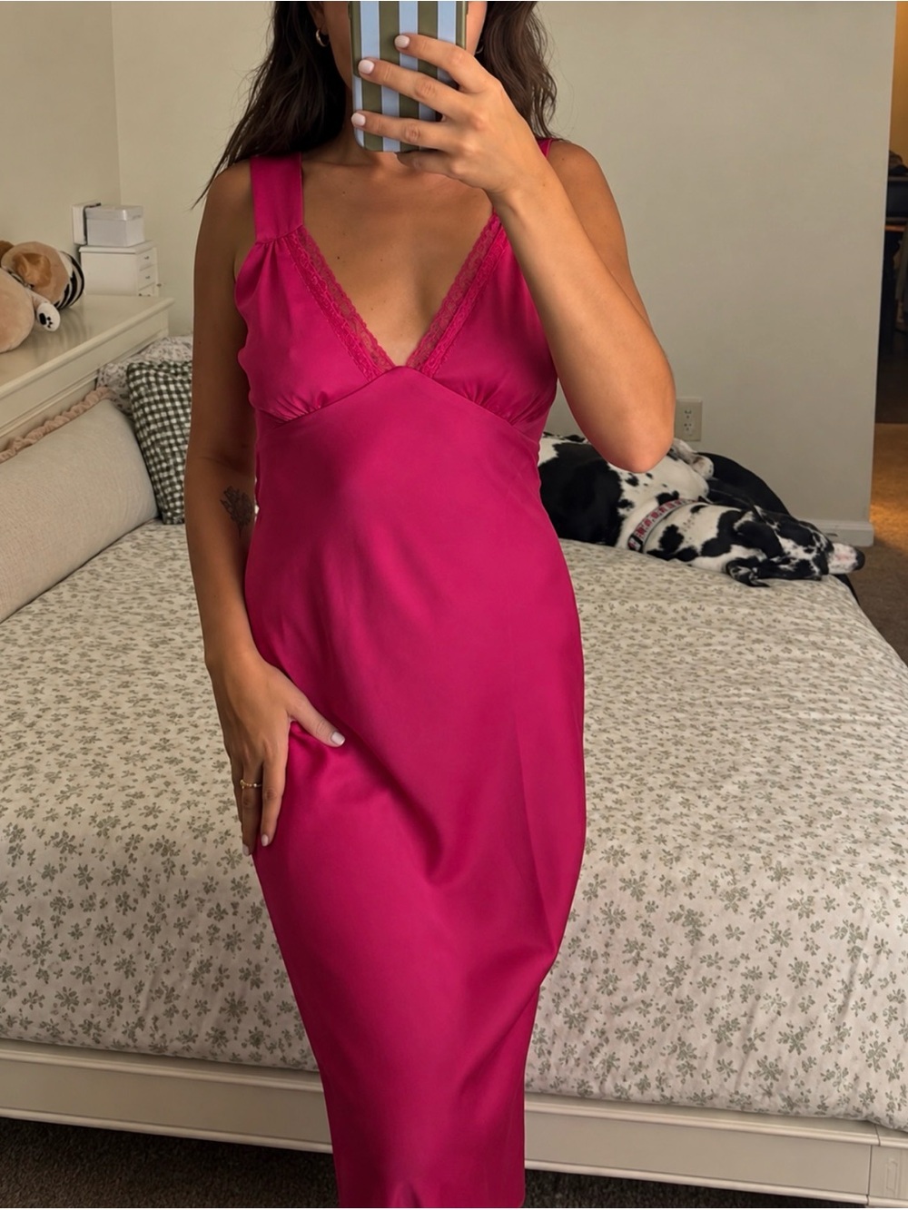 WAYF Isabelle Lace Trim Slip Dress Maxi Pink XS